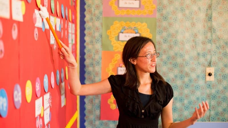 Teacher points to learning aids on wall.