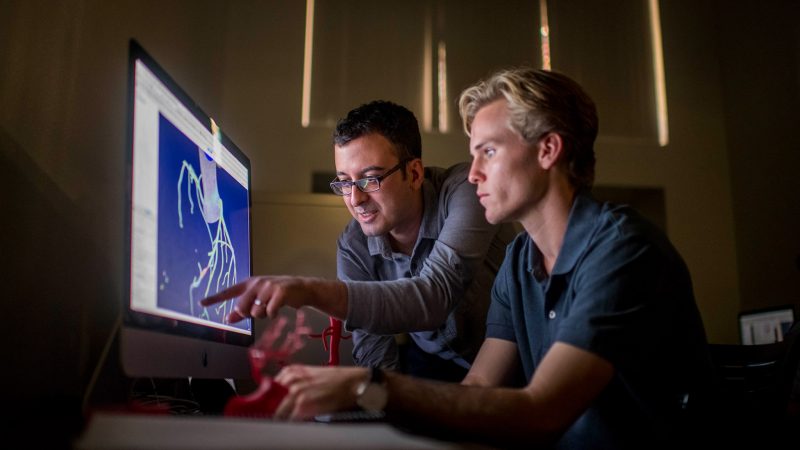N A U director Amir Arzani studies a computer screen with a student.
