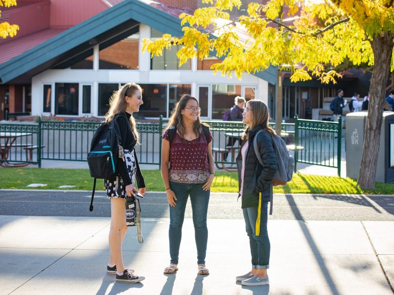 Students stand outside under a tree with fall colors at Flagstaff mountain campus at N A U.