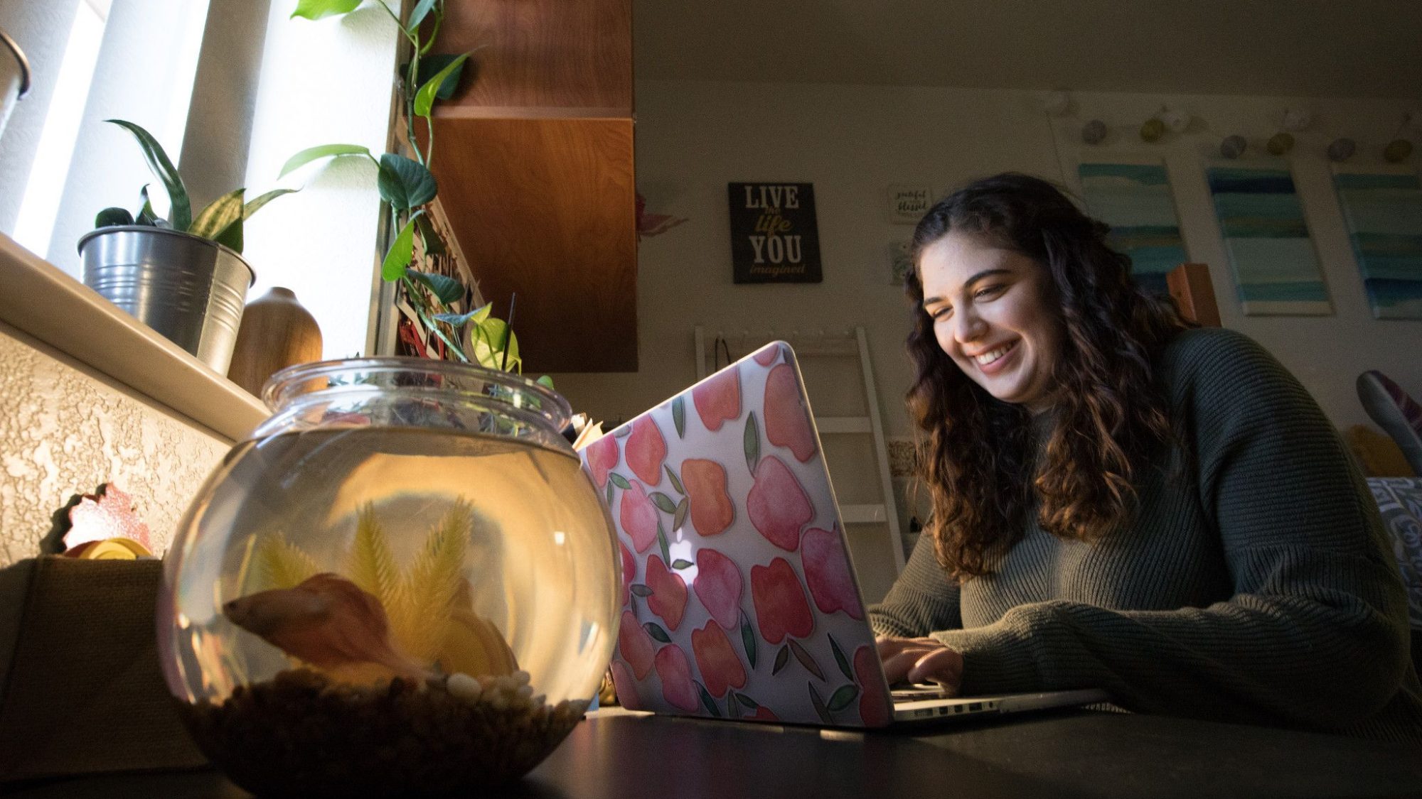 A Northern Arizona University student working in their dorm.