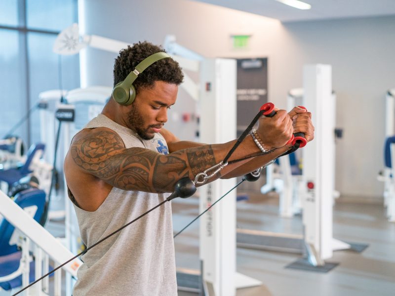 A student exercises at a gym at N A U.