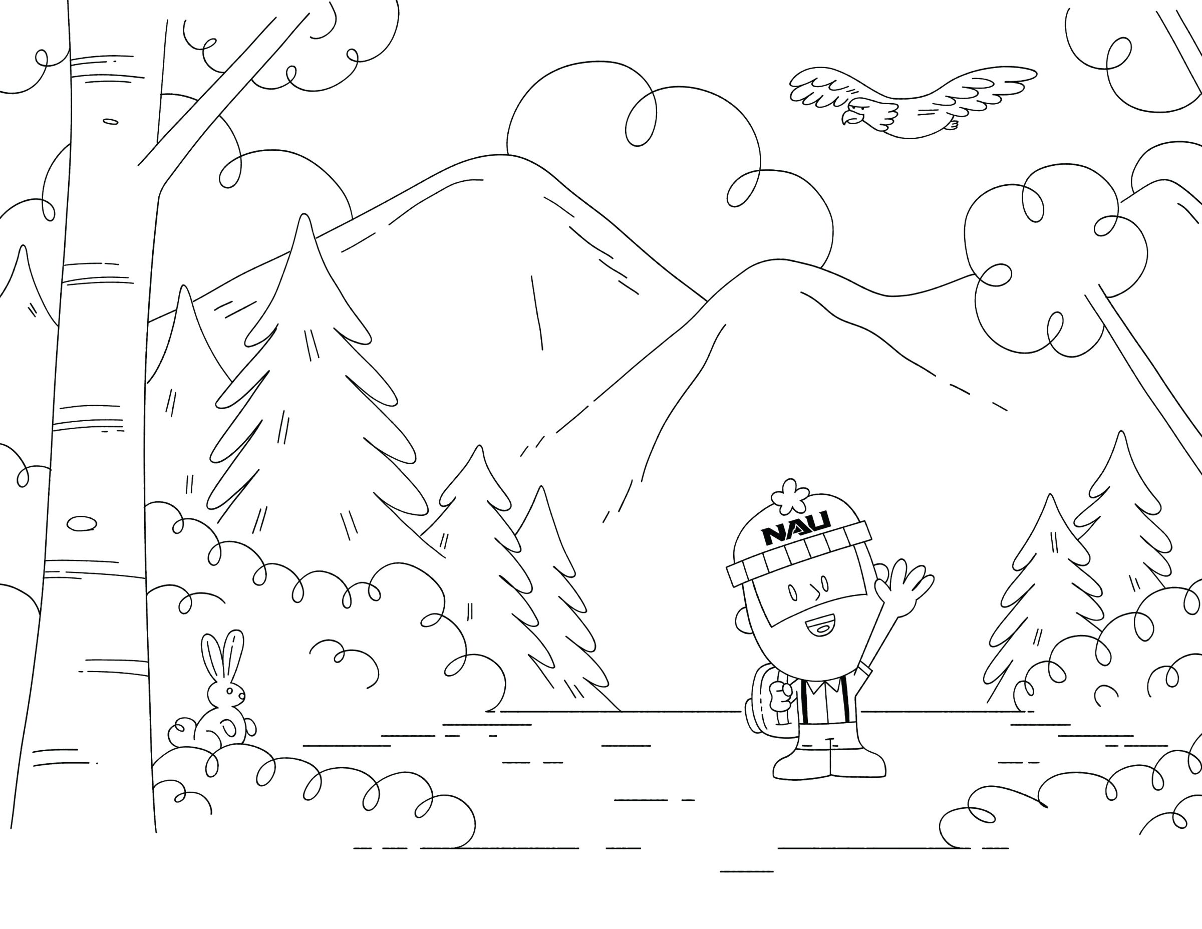 Louie the Lumberjack carries his backpack and waves from a forest clearing filled with pine and aspen trees, forest creatures, and mountain views.