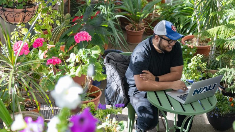 An N A U Online student working from their laptop in a garden.