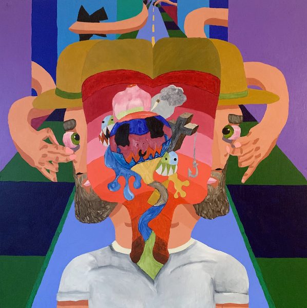 An acrylic painting of a man's head split in half titled "Open Your Mind."