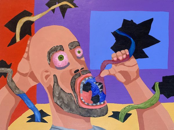 An acrylic painting of a man painfully eating some sort of worm.