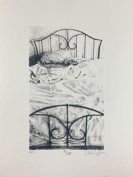 A lithograph of a bed.
