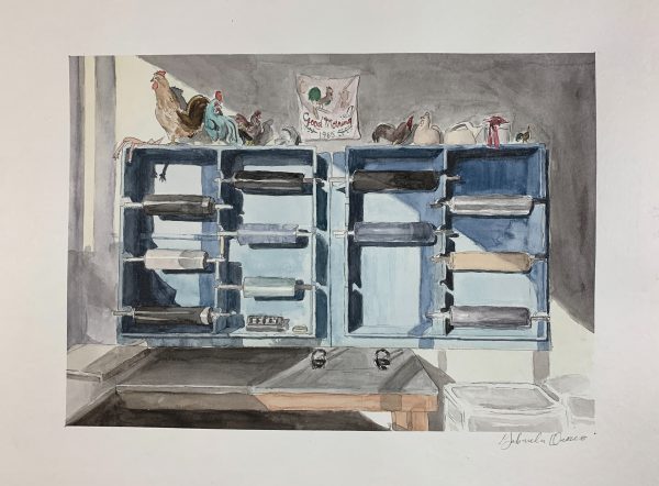 A watercolor painting of a printshop.