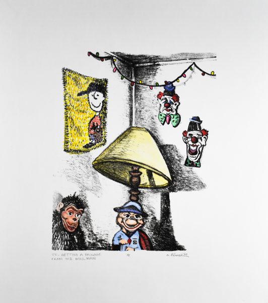 A watercolor lithograph of smiling toys and clown faces in the corner of a room.