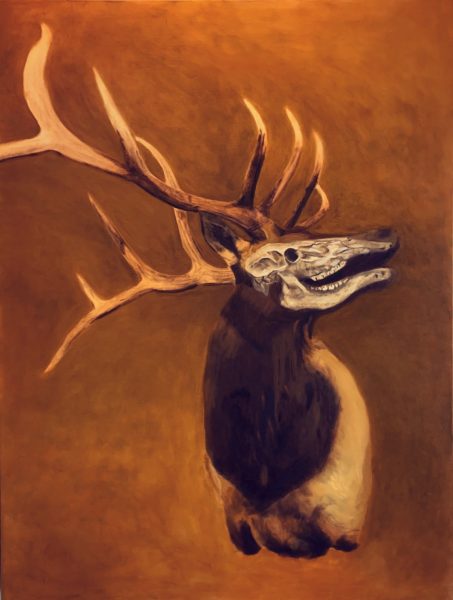 A painting of an elk with a skull for a face called "Haunt of the Morning Mist."