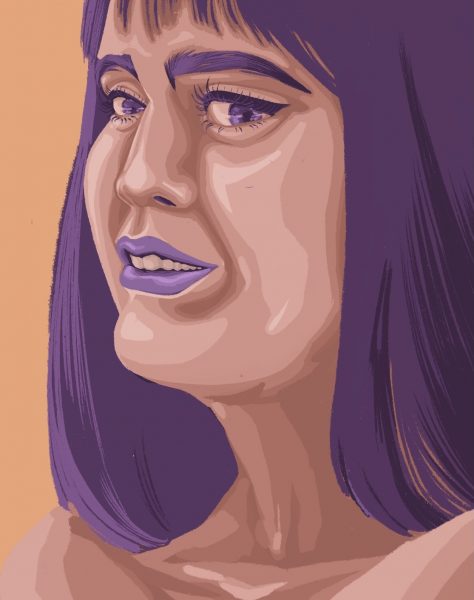 Painting of a distressed woman in purple hair and makeup.
