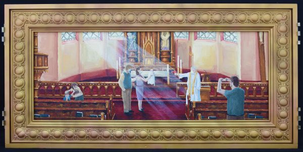 A painting of people wearing masks in a church.