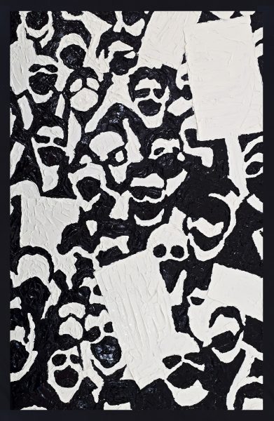 An acrylic painting of black and white silhouettes of people.