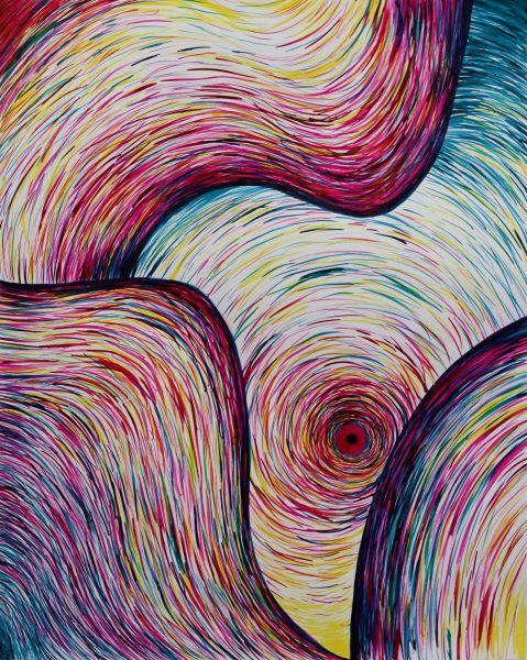 A multi-colored swirly ink painting.