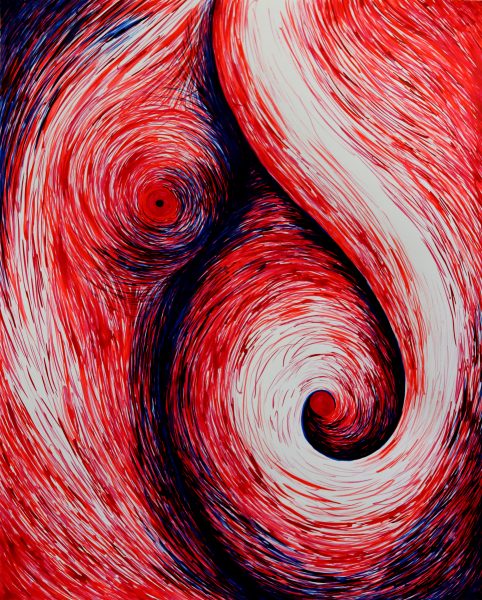A red and blue ink painting.