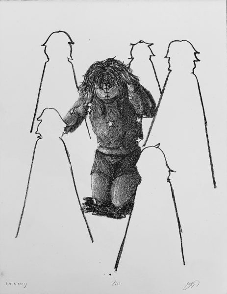 A lithograph depicting a faceless person battling an internal war with their self.