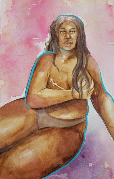 Painting of a woman who is lying down with her arm across her chest.