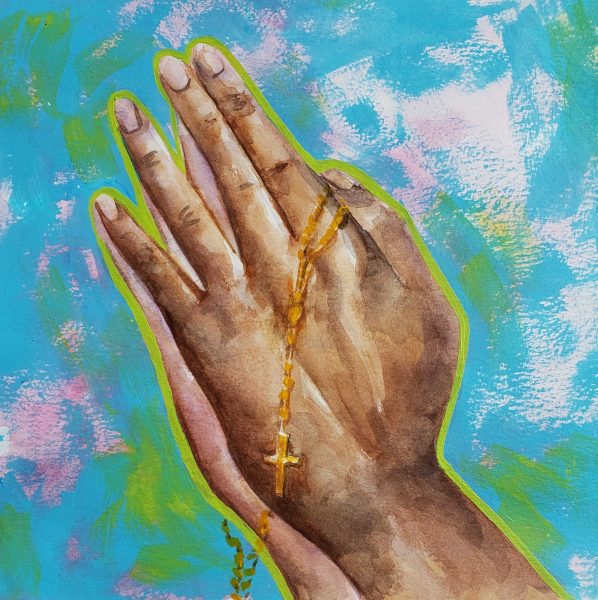 A painting of two hands held together holding a cross necklace.
