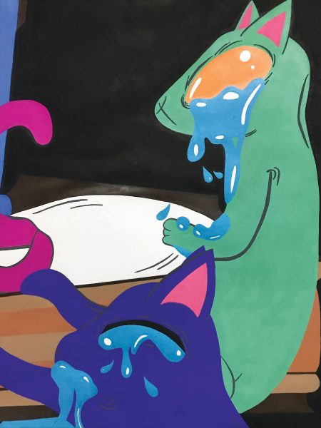 illustrated closeup on mourning green cat at a funeral.