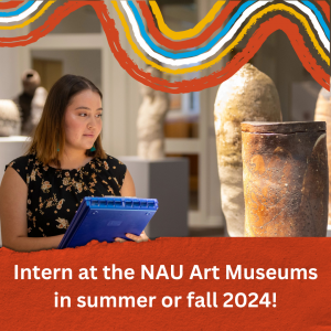 A students holds a clipboard in a museum. The long description repeats the text.