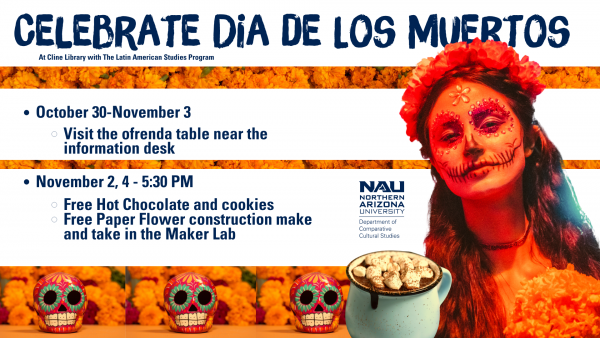 The image includes the text from long description as well as a woman in traditional costume for the holiday and a cup of hot chocolate. 