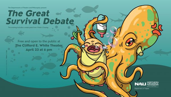 Octopus holding crying baby under water cartoon style
