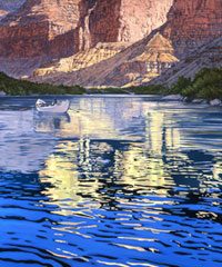 A brightly colored painting of a lake against against a mountain range