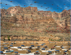 “Helicopter Alley” by Peter McBride (used with permission) “This is what one day of traffic looks like inside Western Grand Canyon: A time-lapse composite merge of 160 individual flights on two different flight paths during an eight-hr period. In 12 hrs, the total count soared to 363 helicopters. The number of flights to this location on the south rim of the Grand Canyon are unregulated, with some days bringing in over 500 flights making this heliport… one of the busiest in the world.”