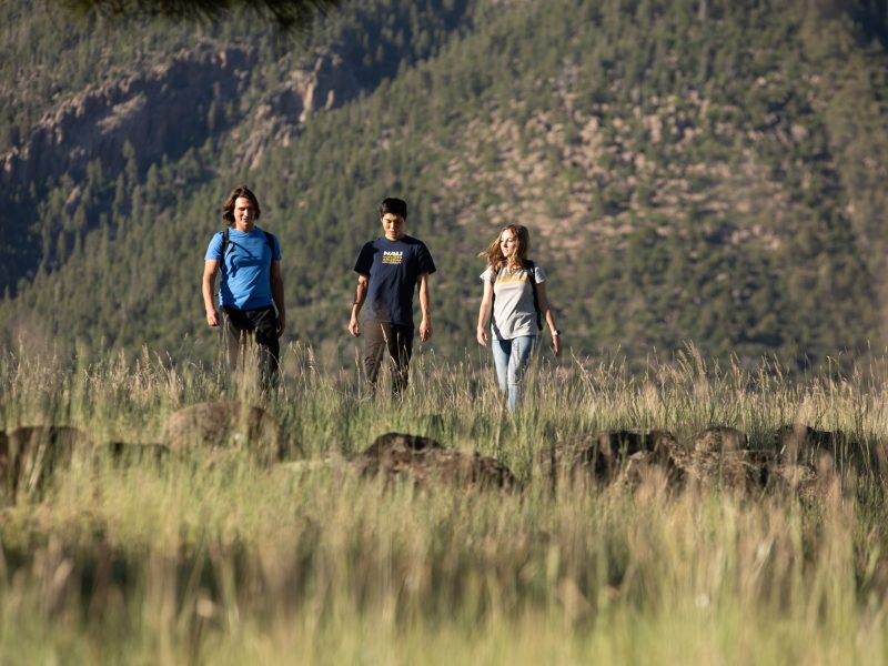 Three N A U students hiking on a summer day at Buffalo Park just outside of Flagstaff, Arizona.