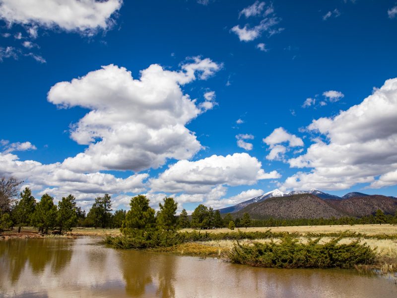 A lake in Flagstaff, AZ with mountains in the background.