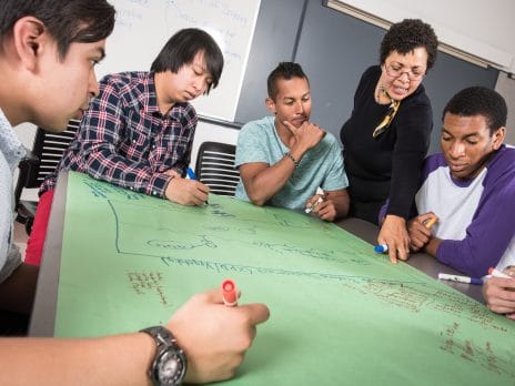 nau graduate college student group works on a project together with their professor
