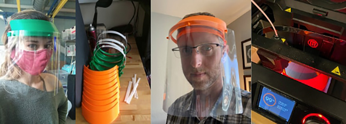 Kyle Winfree and Felicity Escargaza turn resources into 3-D printing face shields for health care providers at the Wearable Informatics Lab