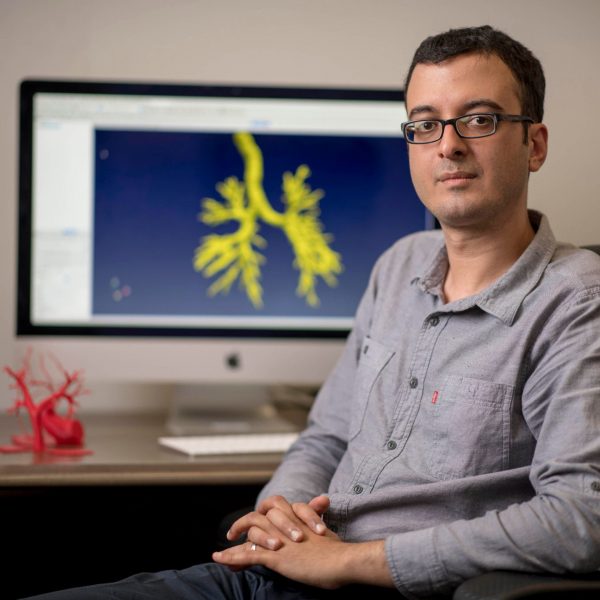Assistant Professor Amir Arzani posing in front of digital organ models.