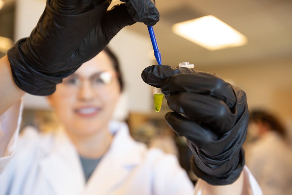 Focus on student's gloved hands as they pipe content into a tube. Student is working in NAU–Yuma genetics lab.