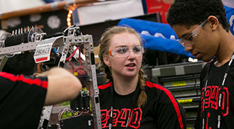 Students participate in a First Lego League Robotics challenge