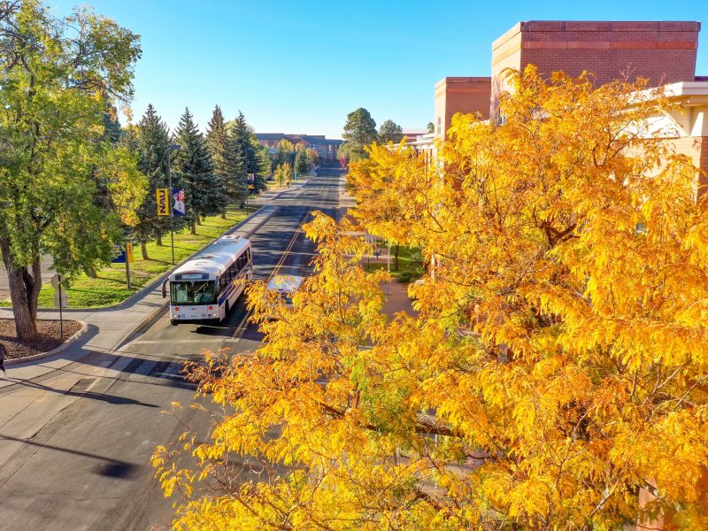 Arial shot of campus in the fall.