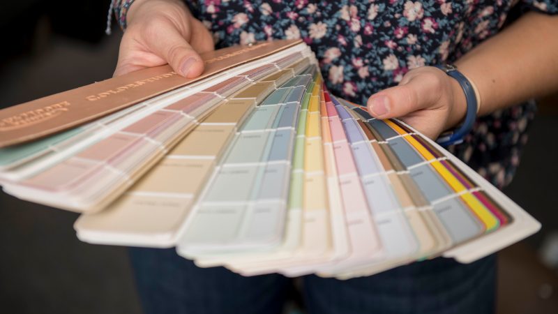 A student holding out a wide range of color cards.