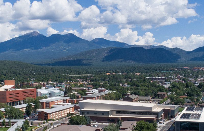 A drone shot of N A U's campus.