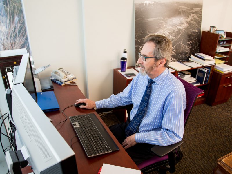 Faculty working on a computer.
