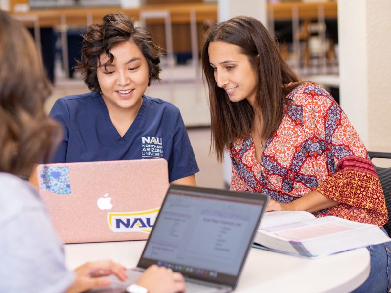 Two students studying at a table with computers and books.
