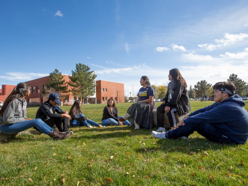 A photo of students sit in a semicircle in the grass on the Flagstaff campus.
