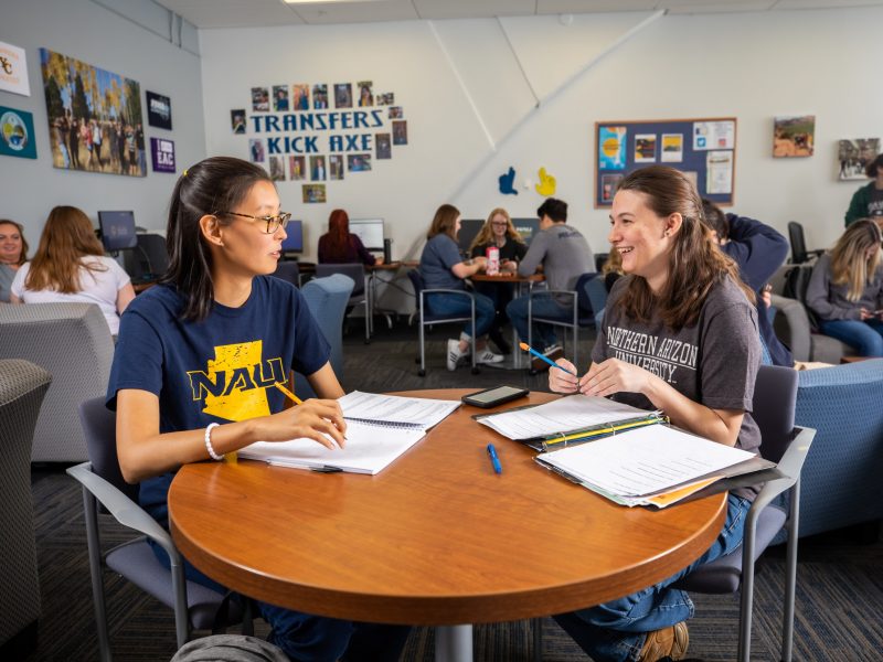 Students smiling while sitting and working together.