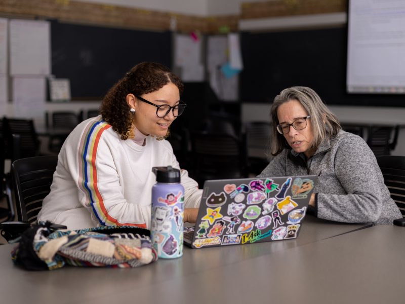 Faculty member and student discussing research.