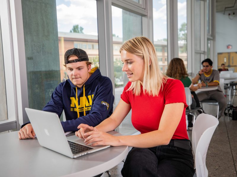 Students working on a computer and sitting down.
