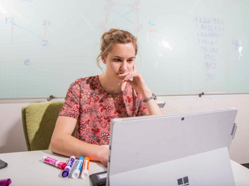 Student sitting at a desk, looking at a computer with a marker-board in the background.
