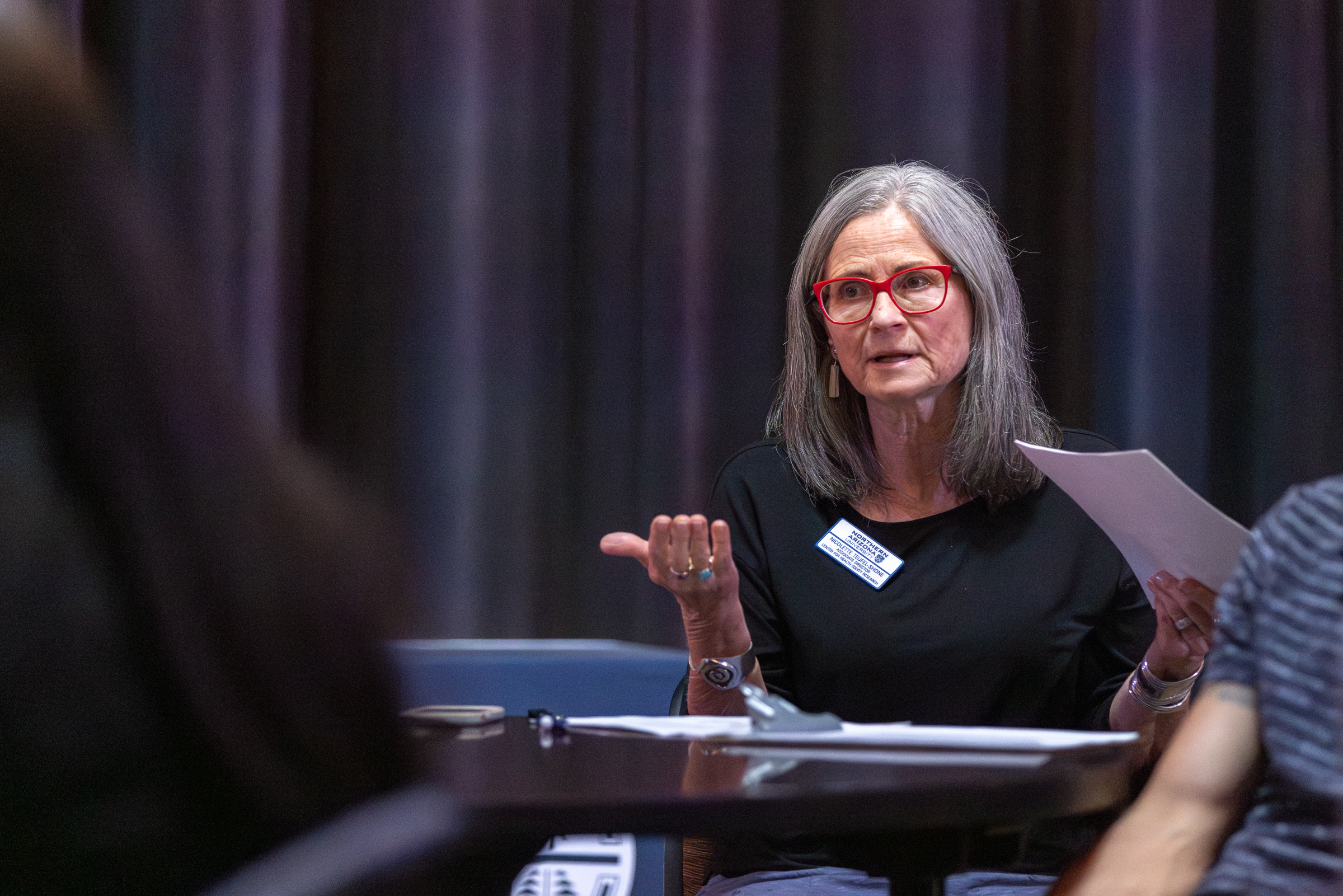 Nicky Teufel-Shone speaks to a research group.