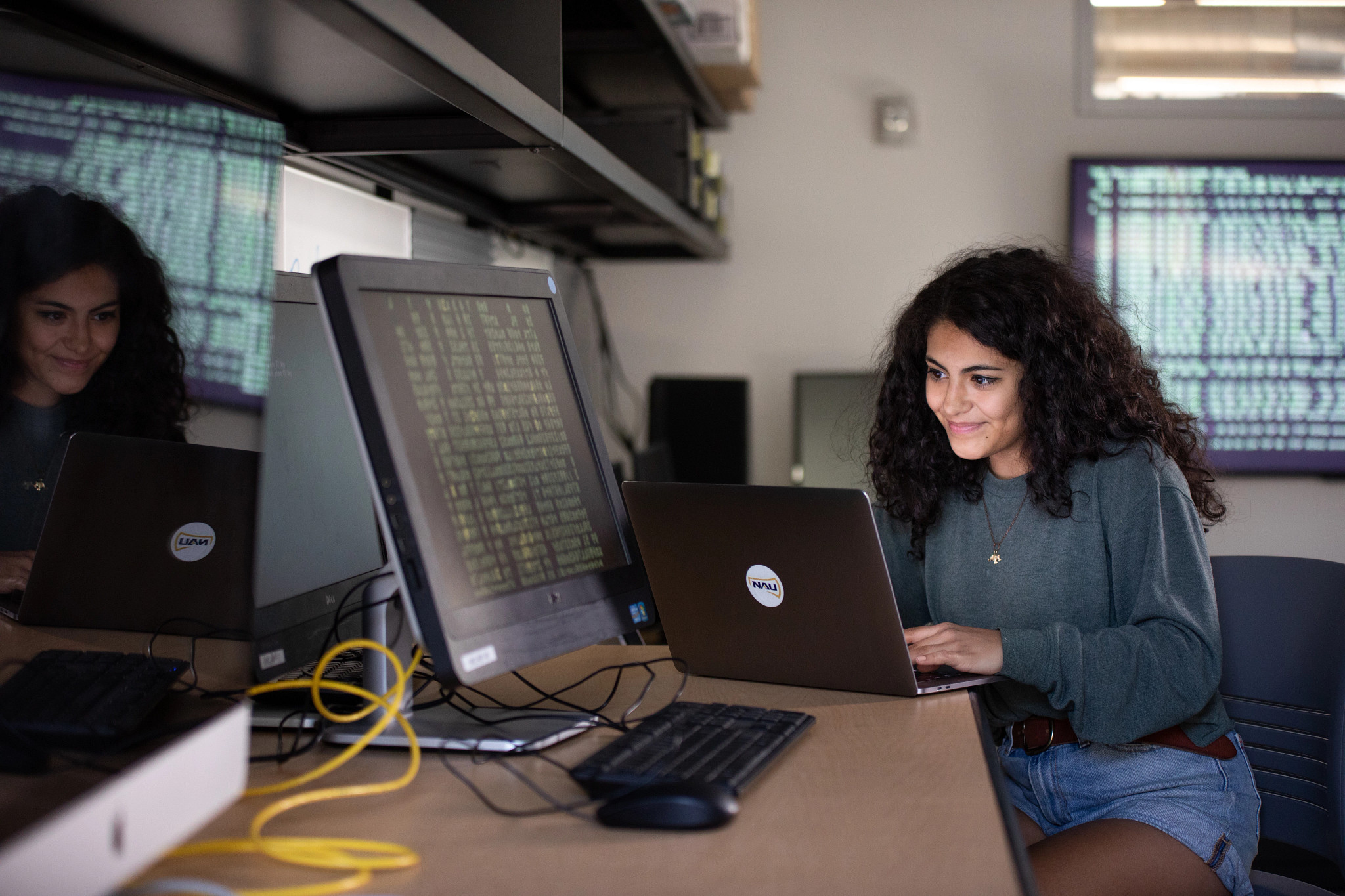 Female working on a laptop computer at a desk.