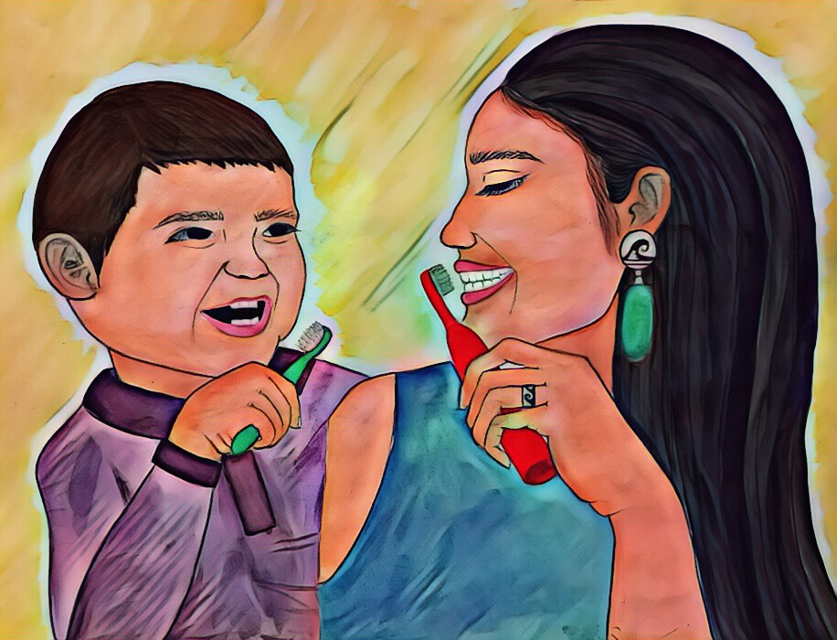 An illustration by Bré Taylor for the Hopi oral hygiene baby book of a mother and child brushing their teeth together.