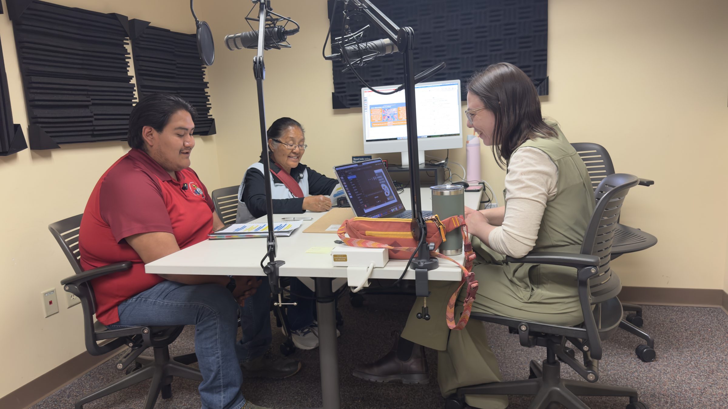 Beck Thomas sits with Irv Yellow and Ruth Ami to record for the Healthy Native Smiles project
