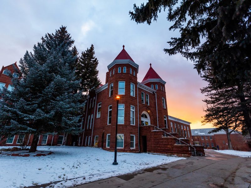 N A U's historic Old Main building in the winter.
