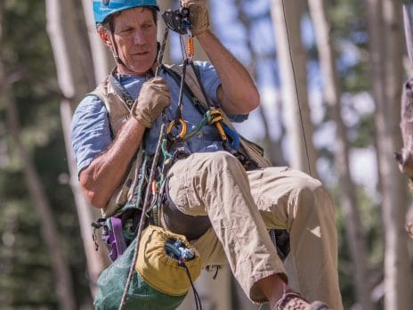 Dr. Koch rapelling out of tree